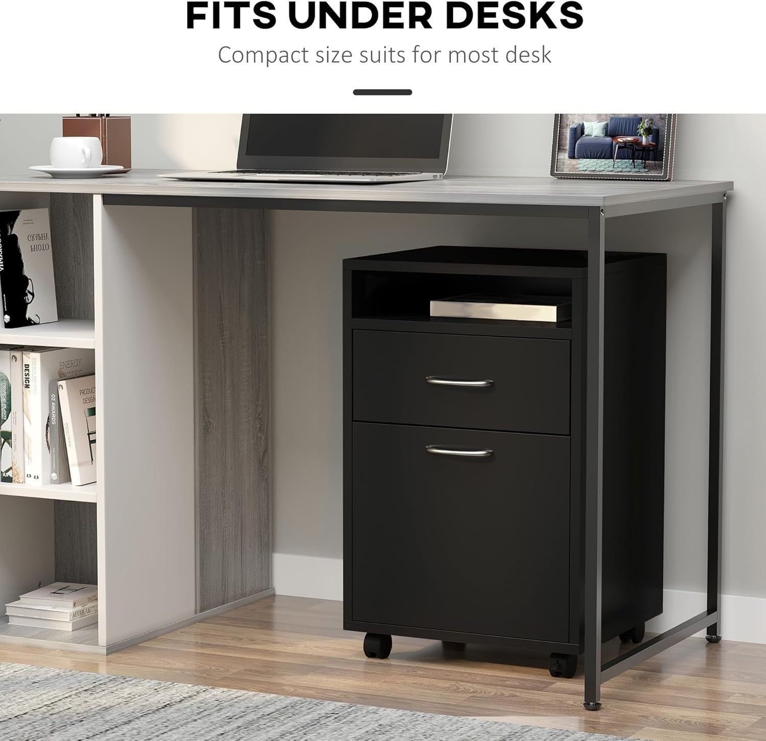 Black Mobile Filing Cabinet with Wheels Drawer Storage Home Office Without Key