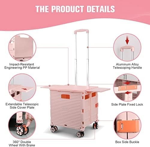 Heavy Duty Folding Shopping Cart 55kg Trolley 360° Wheels Foldable Pink