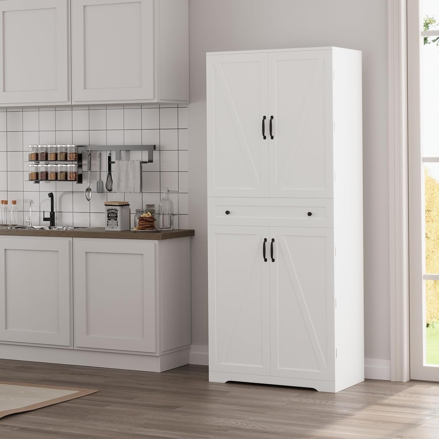 Tall Kitchen Cabinet 4 Doors 1 Drawer 4 Adjustable Shelves White