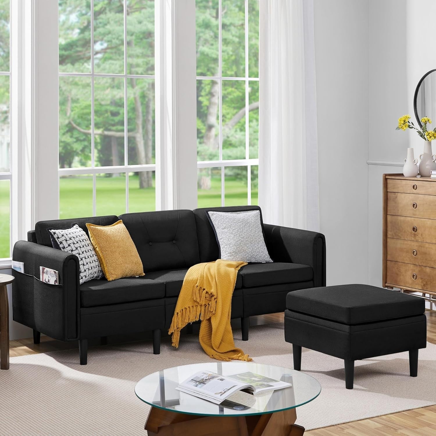 Velvet Black L-Shaped Corner Sofa with Ottoman 3-Seater Chaise for Small Spaces