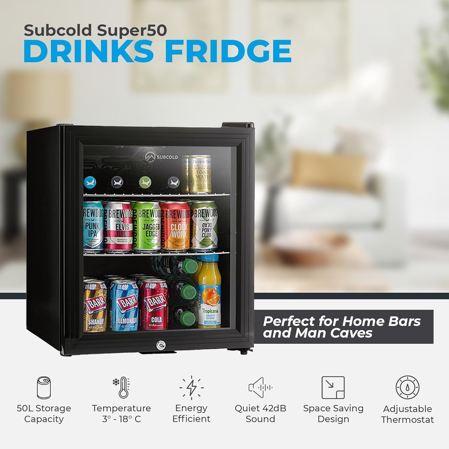 46L Mini Fridge Cooler Drinks Wine Beer LED Light Lock Energy Efficient