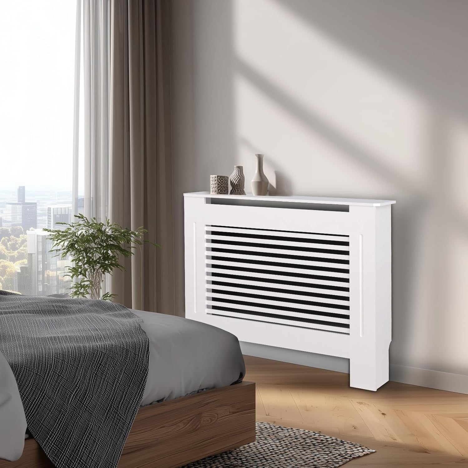 Small White Radiator Cover Cabinet 101cm Tall MDF Horizontal Slat Heater Cover
