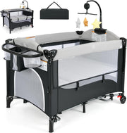 6in1 Baby Travel Cot Foldable Crib with Mattress, Changer & Storage Dark Grey
