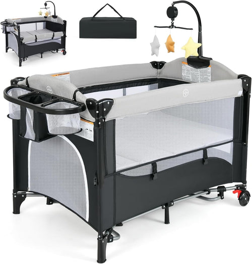 6in1 Baby Travel Cot Foldable Crib with Mattress, Changer & Storage Dark Grey
