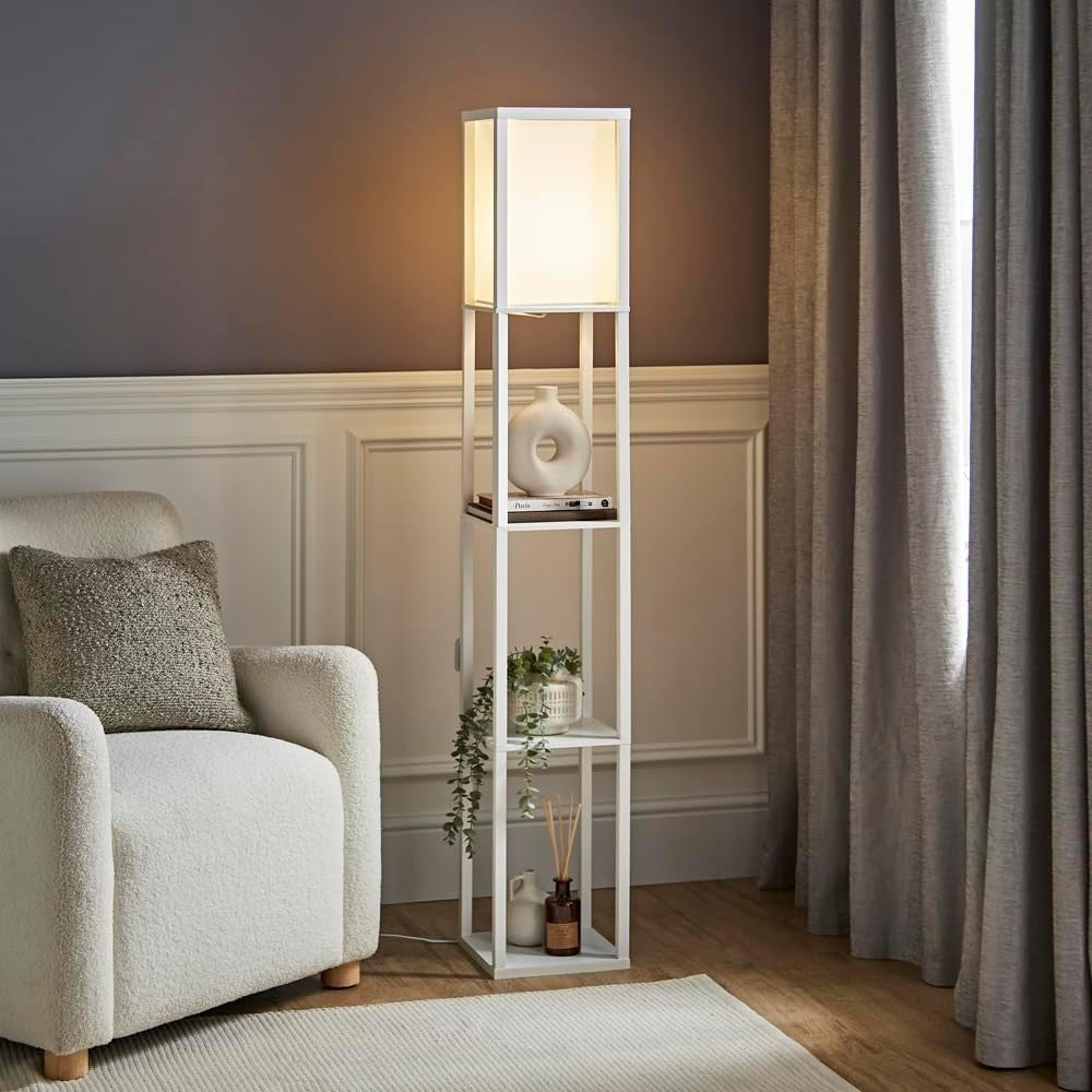 White Wooden Floor Lamp with Shelves Modern Standing Light Storage