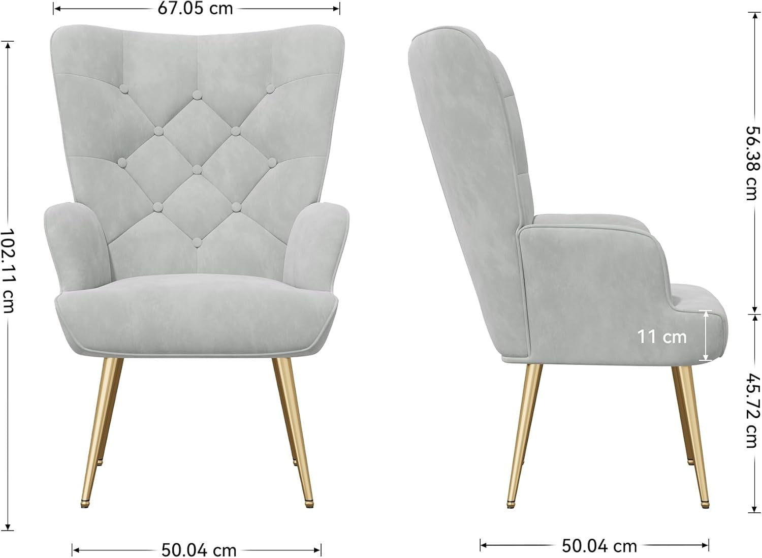 Velvet High Back Armchair Wing Back Gold Legs Grey
