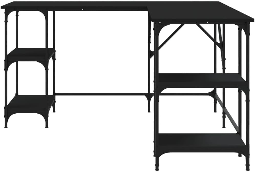L-Shape Corner Desk with Shelves 139cm Black Office Study Computer Table