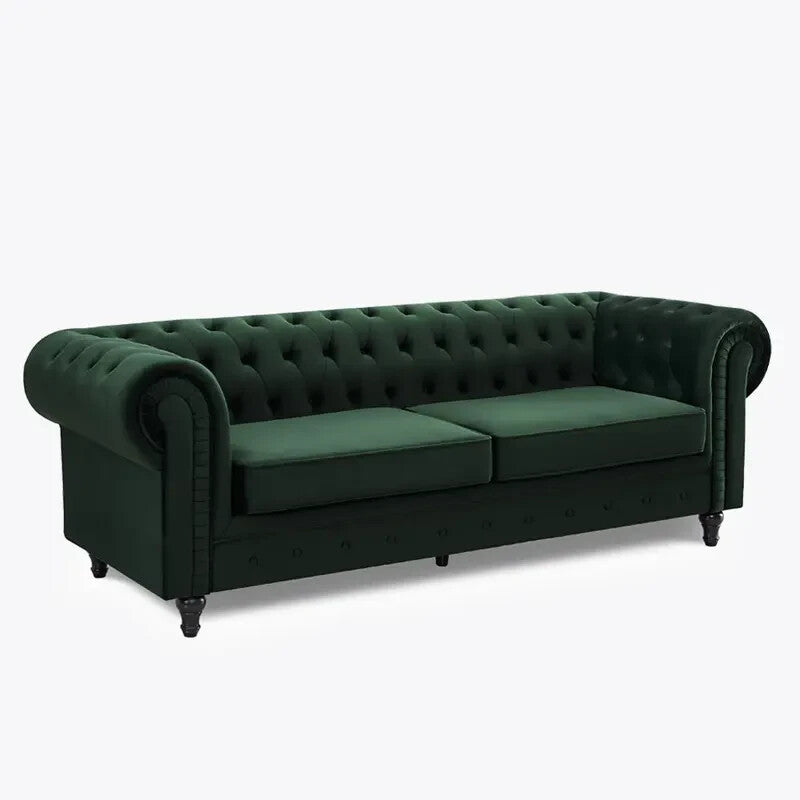 3 Seater Chesterfield Sofa Green Velvet Scroll Arms Plush Living Room
