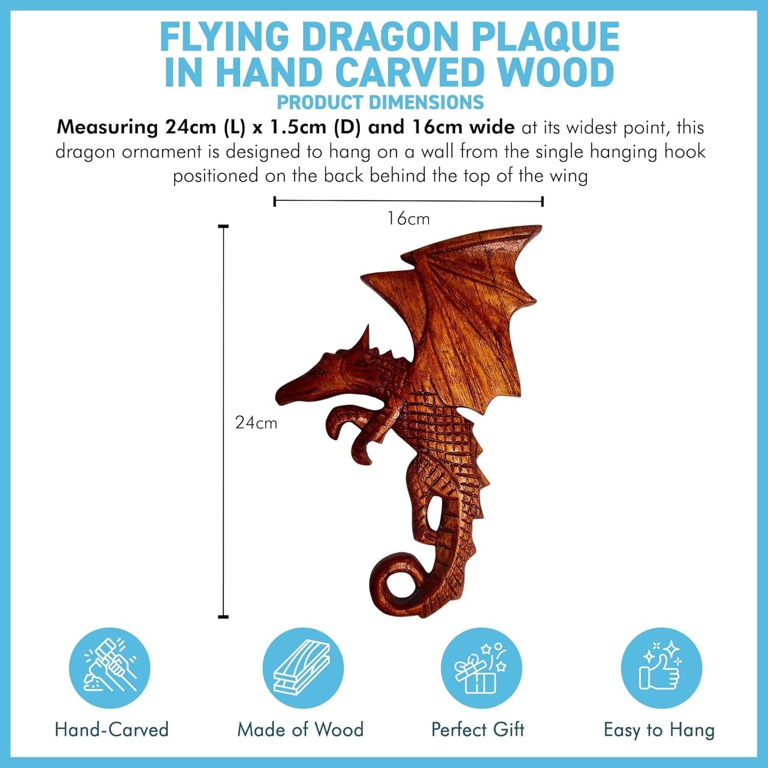 Hand-Carved Wooden Flying Dragon Wall Plaque | 23cm Ornamental Mythical