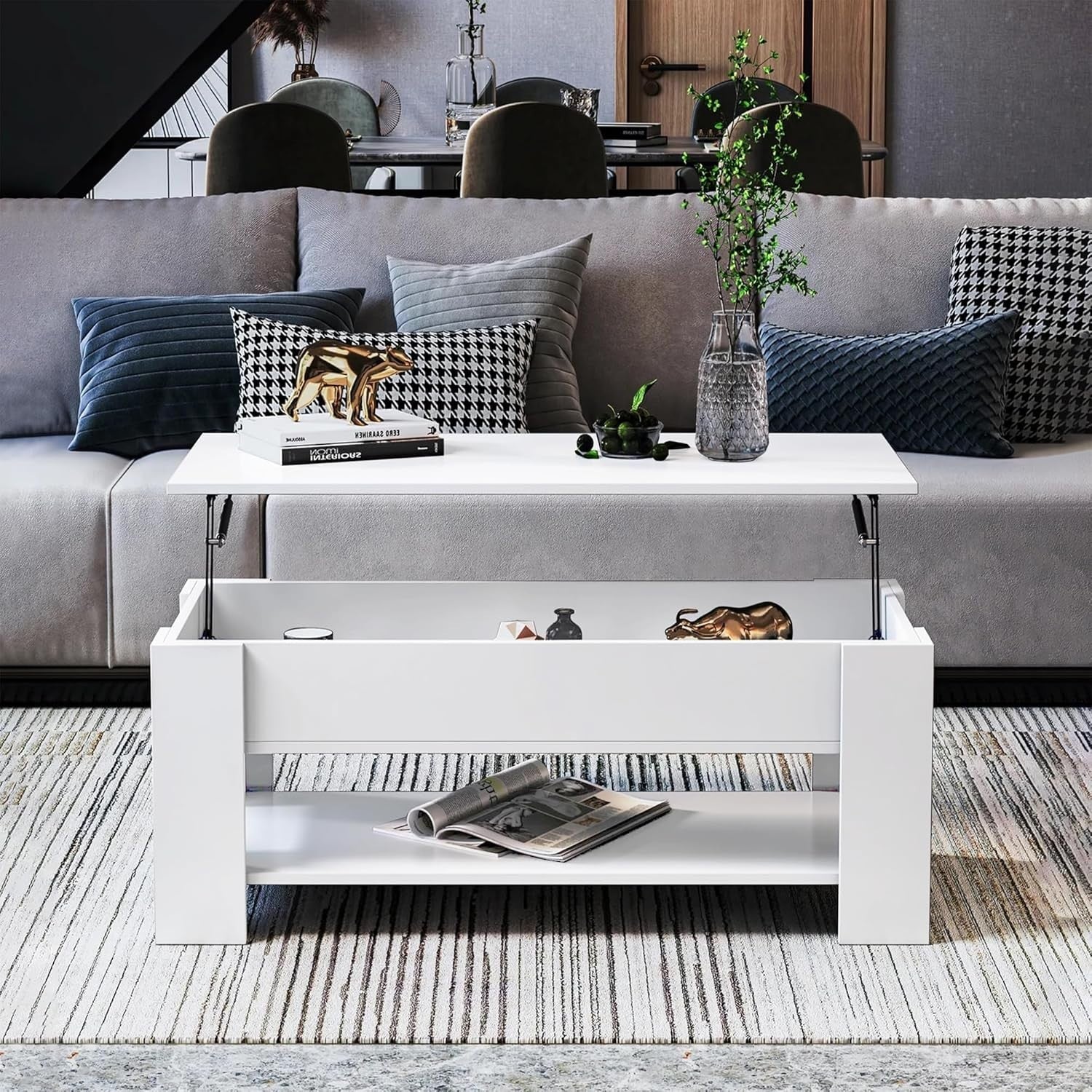 Lift Top Coffee Table White with Storage, Large Hidden Compartment 100x50cm