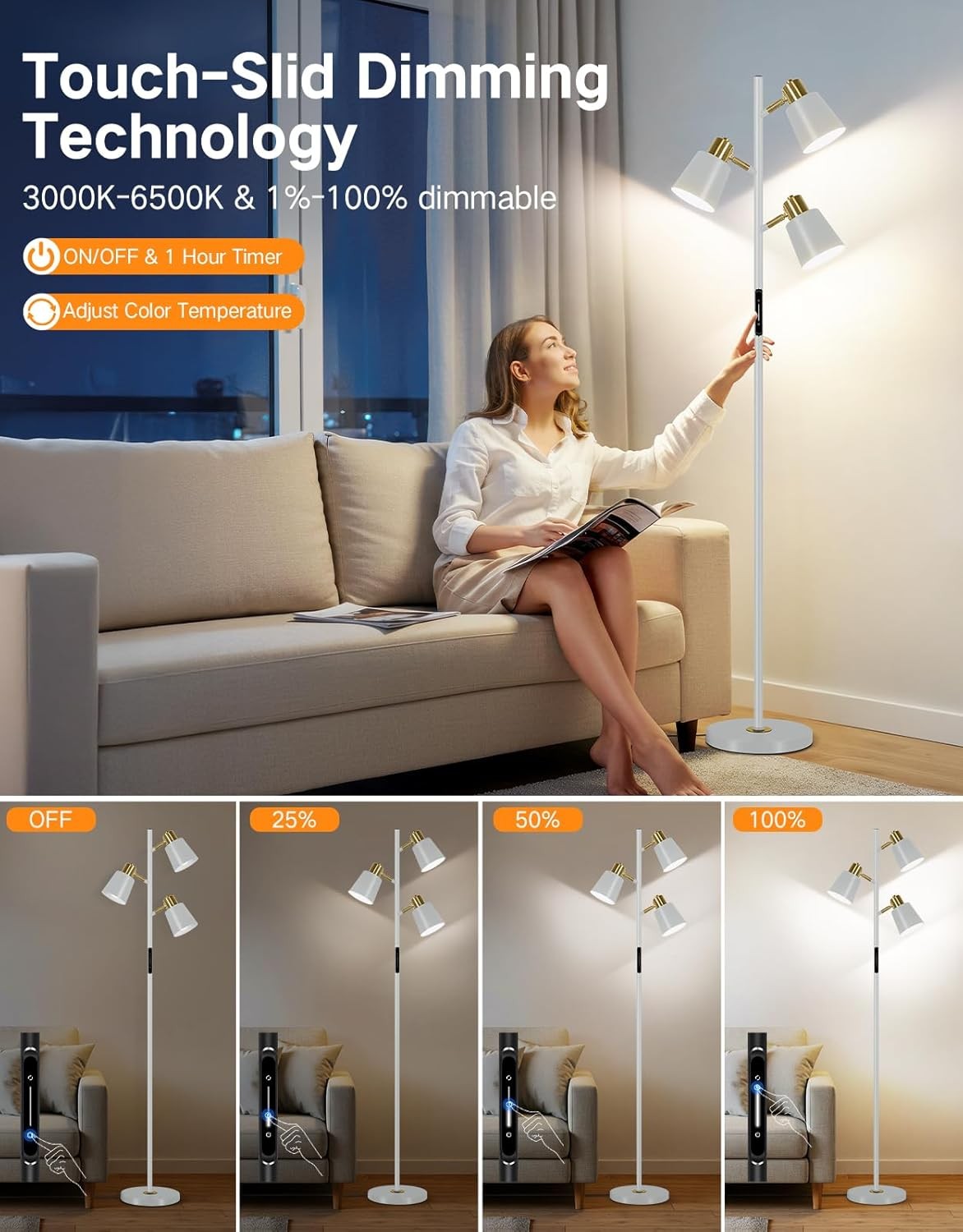 LED Tree Floor Lamp Dimmable Remote Touch 3 Head Adjustable Modern