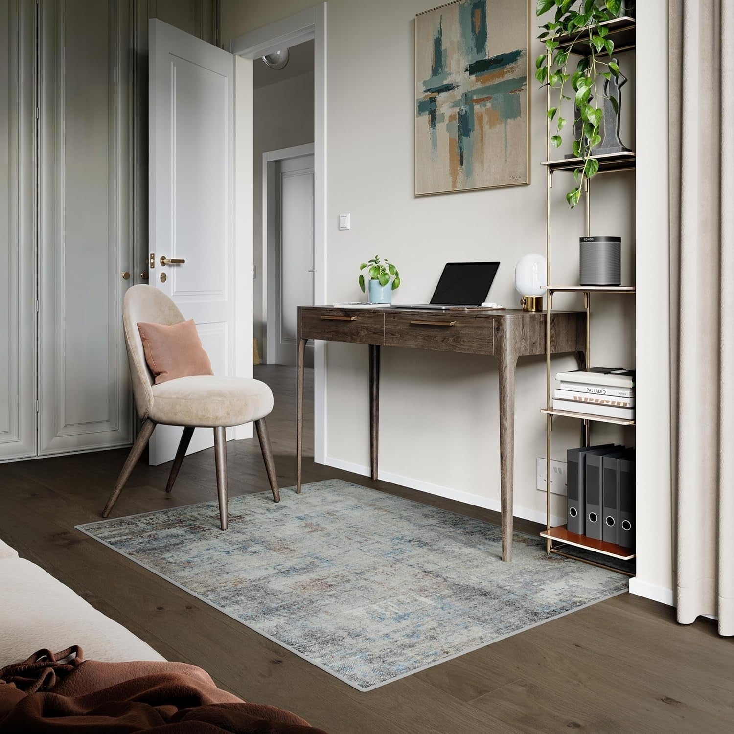 Washable Rug 122x170cm Non-Slip Short Pile Distressed Blue Brown Area Carpet