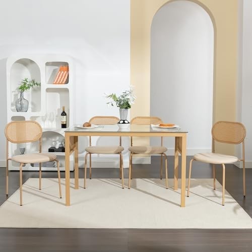 Boho Glass Dining Table Rectangular 120x70x75cm Metal & Rattan 4-6 Seater