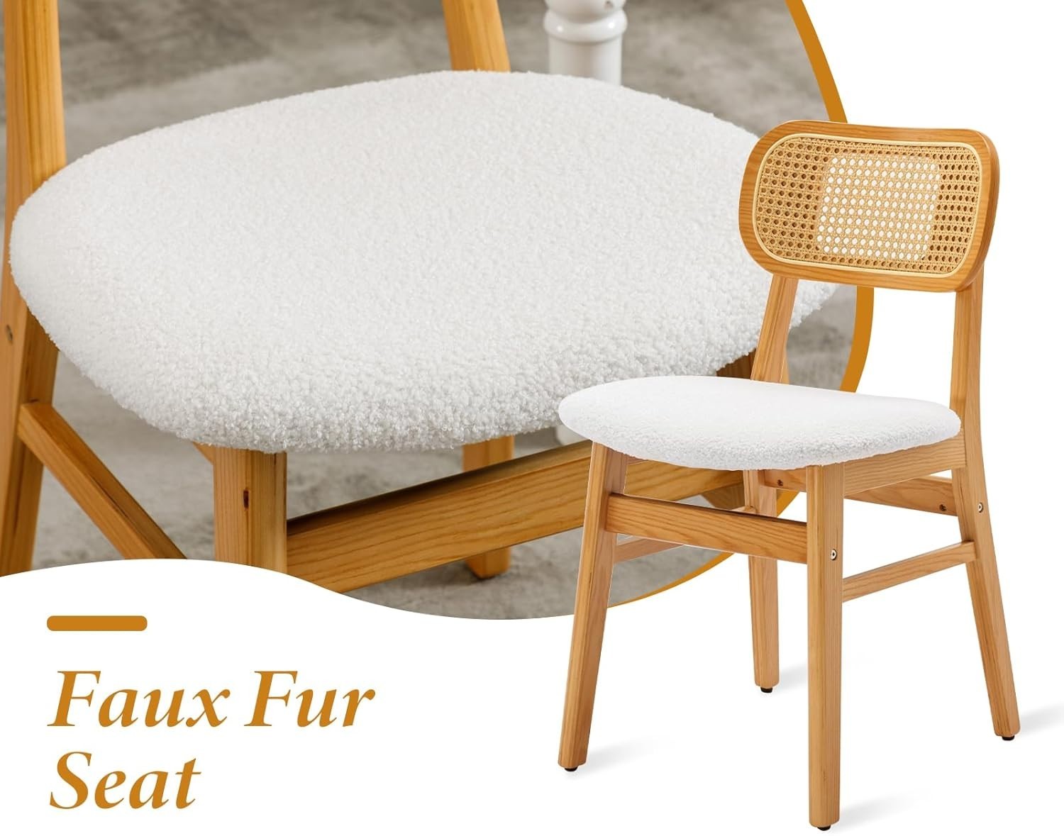 Set of 2 Rattan Dining Chairs Beige Fabric Seat Wooden Legs Kitchen