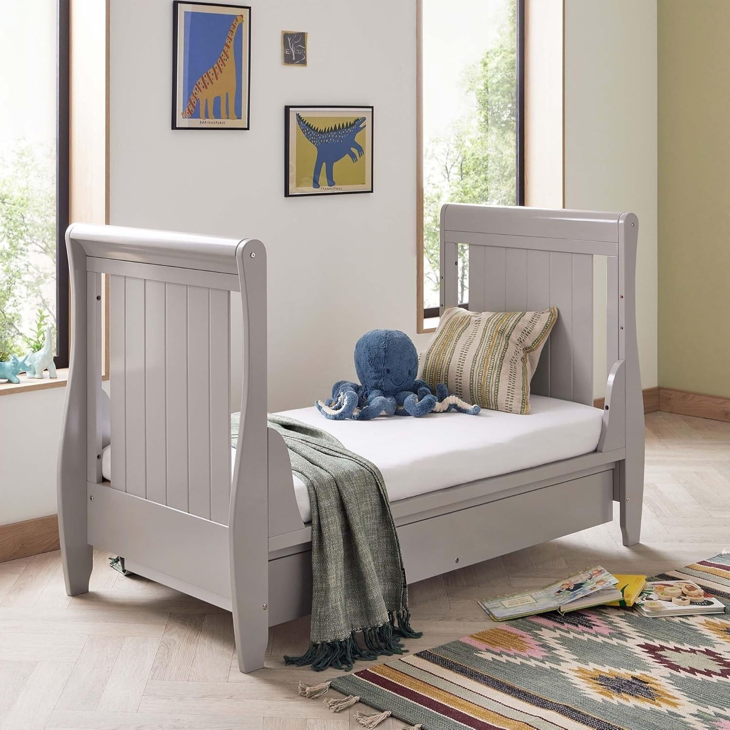 Baby Cot Bed Convertible Toddler Day Bed Adjustable Height Solid Wood Grey