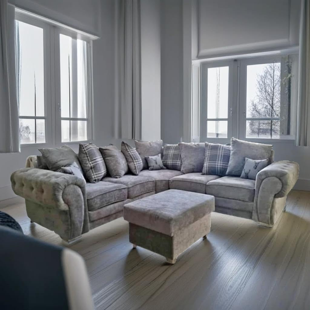 Grey Verona Chesterfield Corner Sofa w/ Footstool – 5 Seater Scatter Back