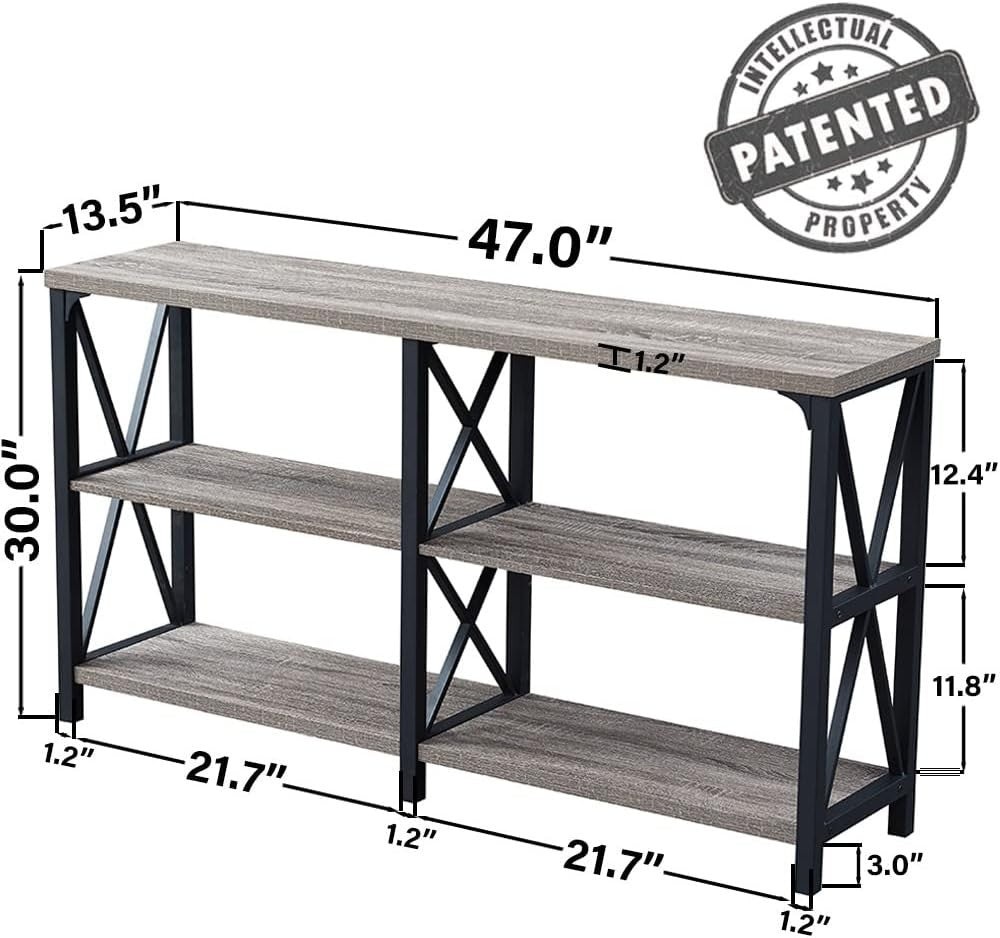 Rustic Grey Oak Console Table with Storage Shelves - 120x34x75.5cm Durable