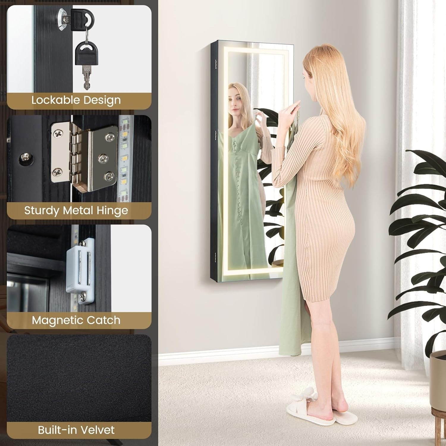LED Jewelry Armoire Wall Door Mounted Lockable Mirror Storage Black