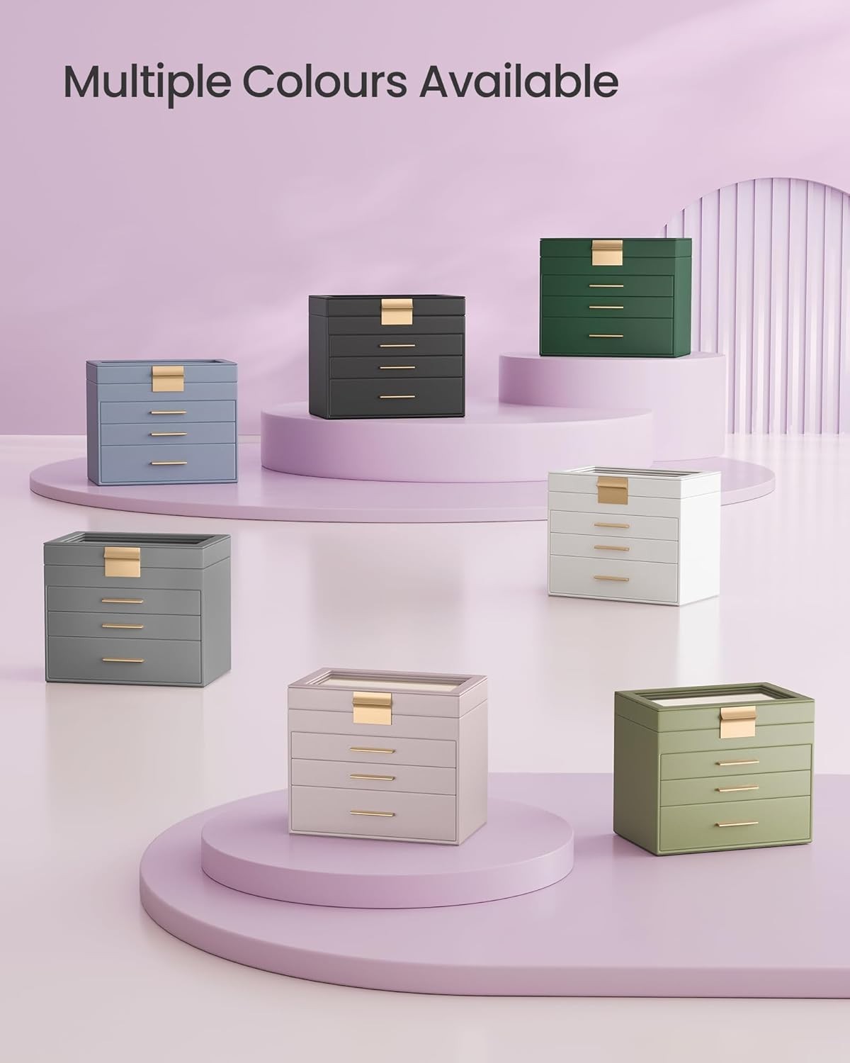 Lavender Purple Gold Jewellery Box Glass Lid 4 Layer Organizer with Drawers