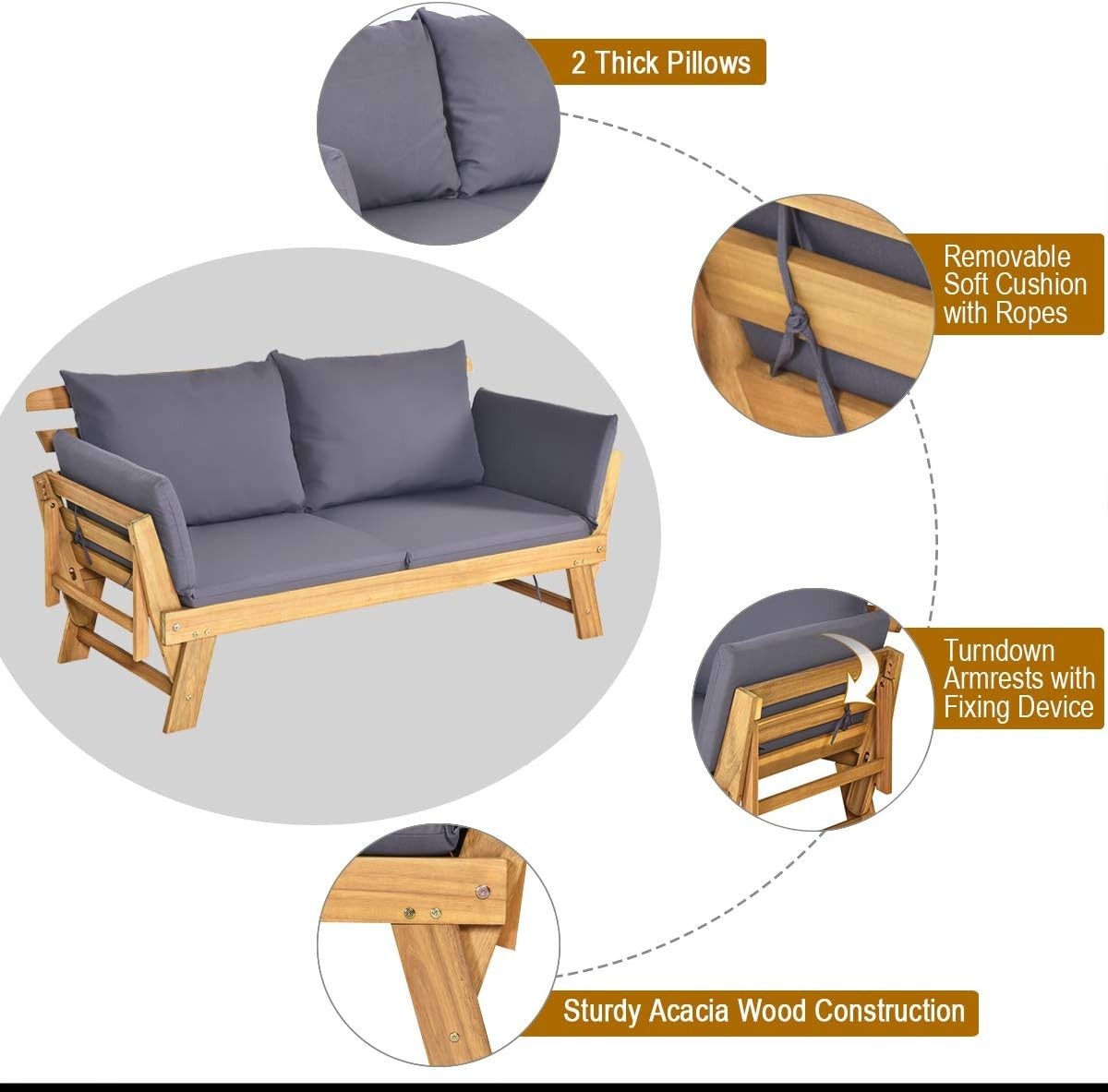 3-in-1 Outdoor Wooden Sofa Bed Lounger | 142×71×76cm | Reclining Daybed