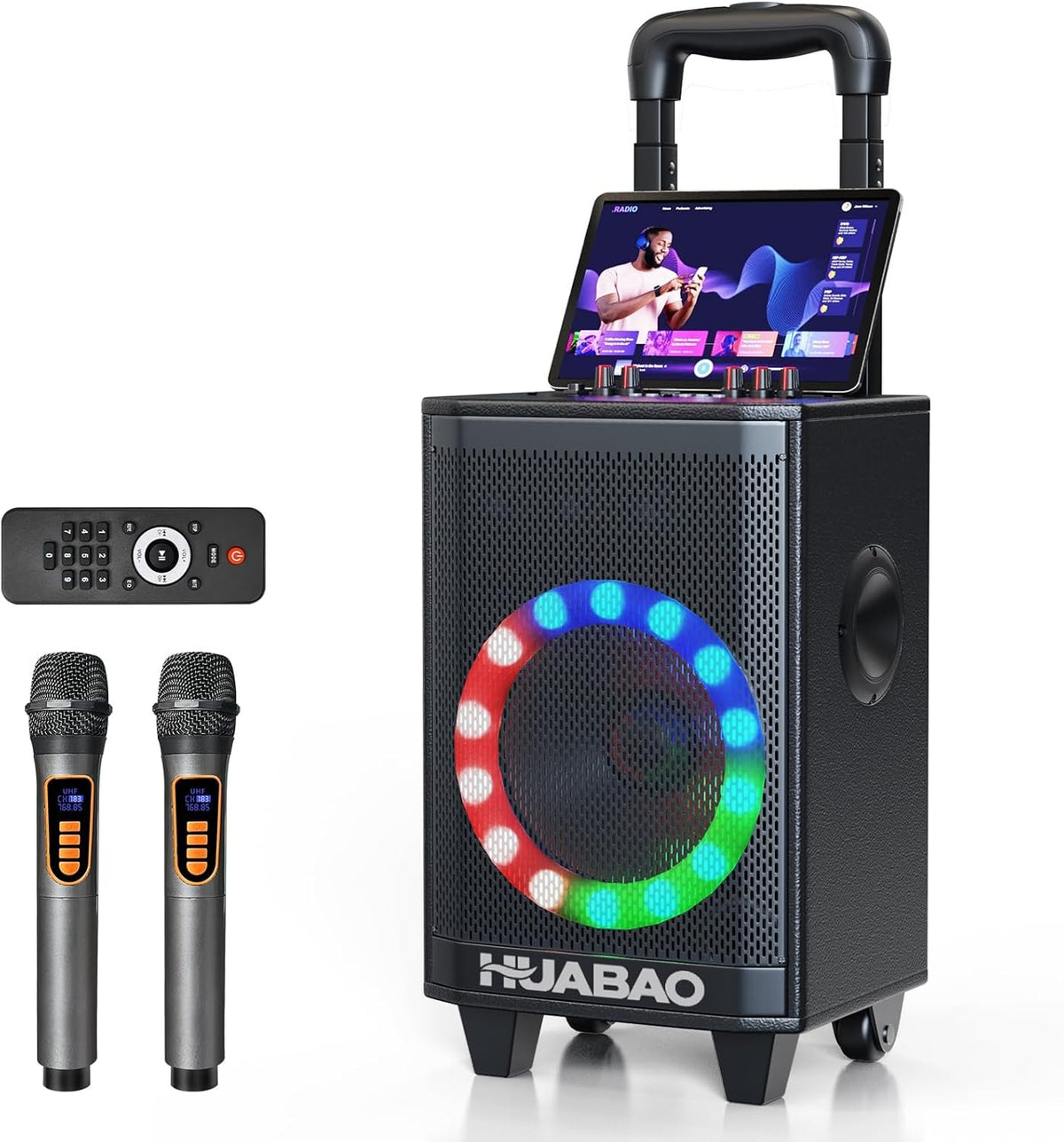 Black Portable Karaoke Speaker with 2 Wireless Mics Trolley