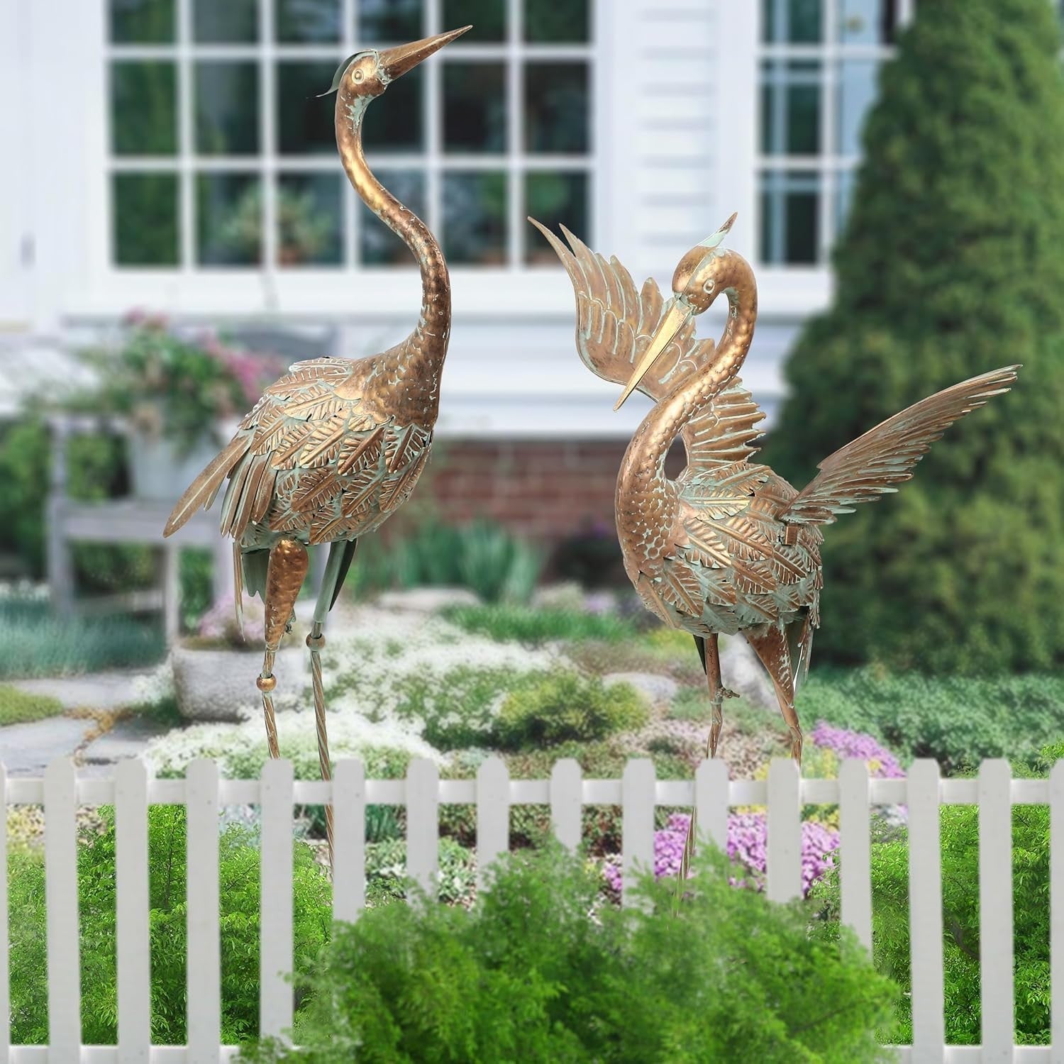 Metal Crane Garden Statues Pair 26in Gold Heron Sculptures Outdoor Yard Decor