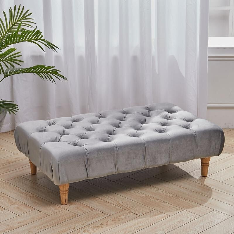 Grey Tufted Rectangle Velvet Footstool Ottoman Seat Bench 100cm Wide