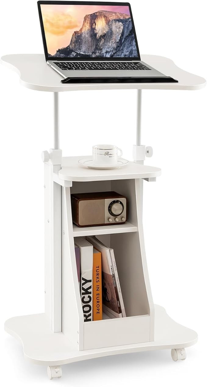 Mobile Laptop Table Height Adjustable Sit Stand Desk with Storage Wheels White