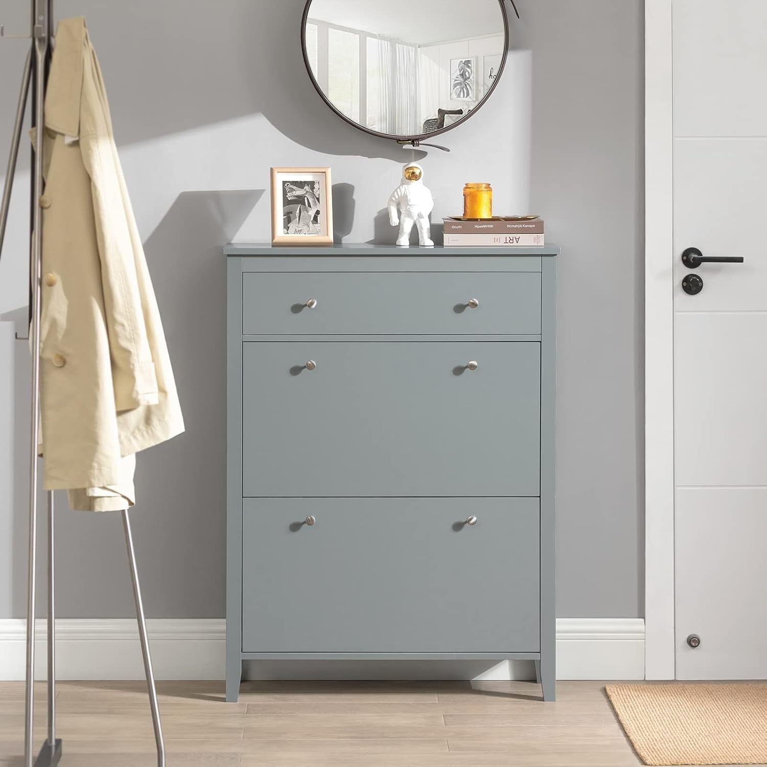 Slim Modern Grey Shoe Cabinet with Drawer & Flip Doors, 12-Pair Storage