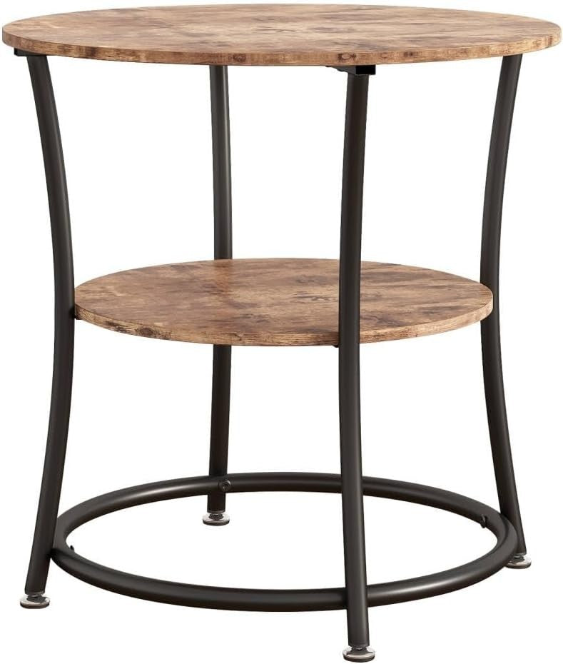 Round 2-Tier Rustic Brown Side Table, 55cm Coffee Table with Storage Shelf