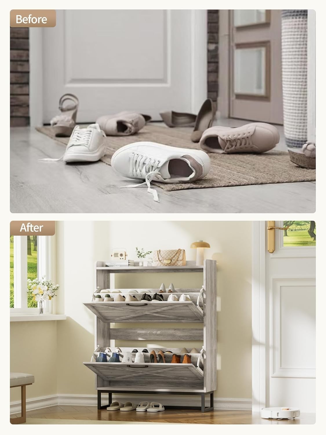 Slim Wooden Shoe Cabinet 2 Drawer Fold Storage Rack – Dustproof Grey Hallway
