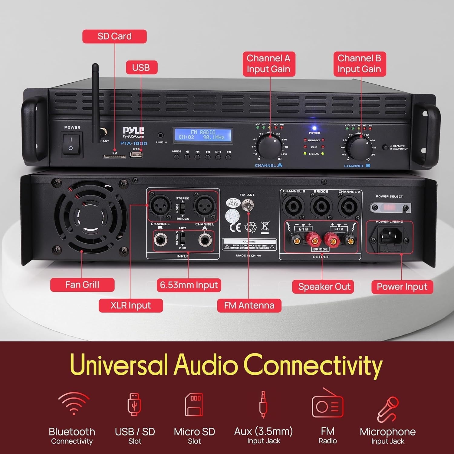 2000W Bluetooth Power Amplifier 2 Channel Bridgeable Rack