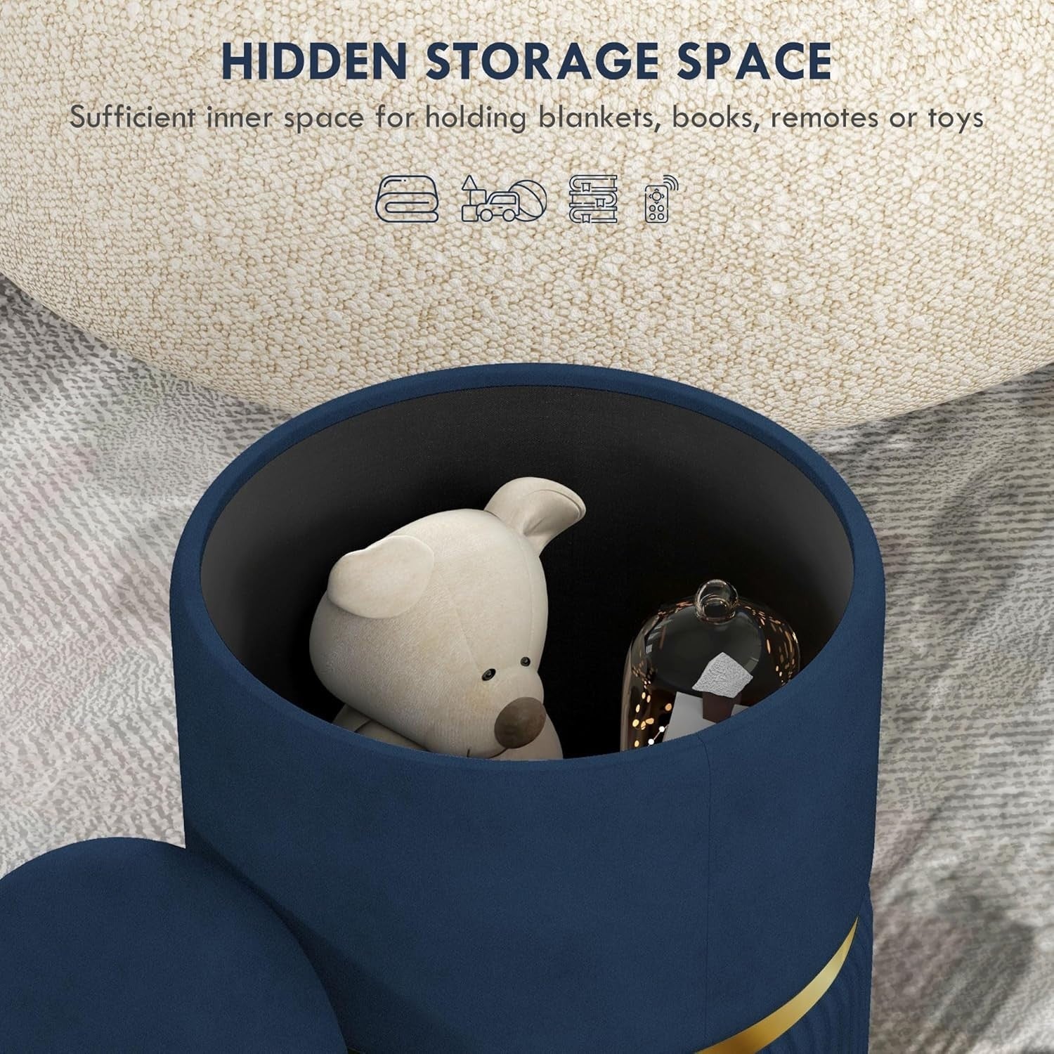 Dark Blue Velvet Round Storage Stool – Padded Ottoman with Hidden Space