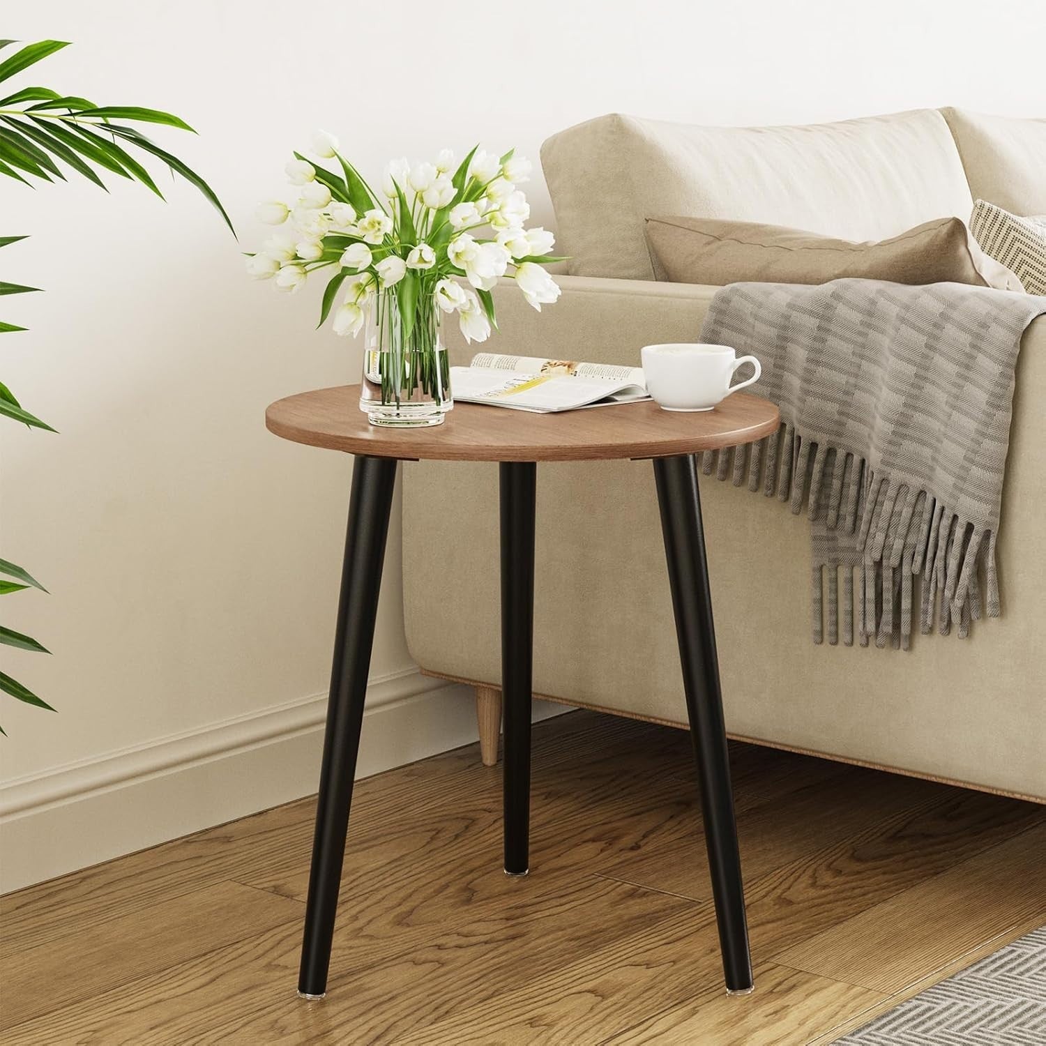 Small Walnut & Black Round Side Table 42x42x51cm, Sturdy Iron Legs.