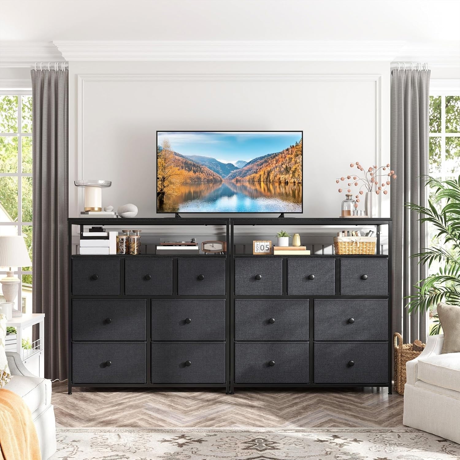 7-Drawer Black Grey Fabric Chest with 2-Tier Shelf – Bedroom & Living Storage