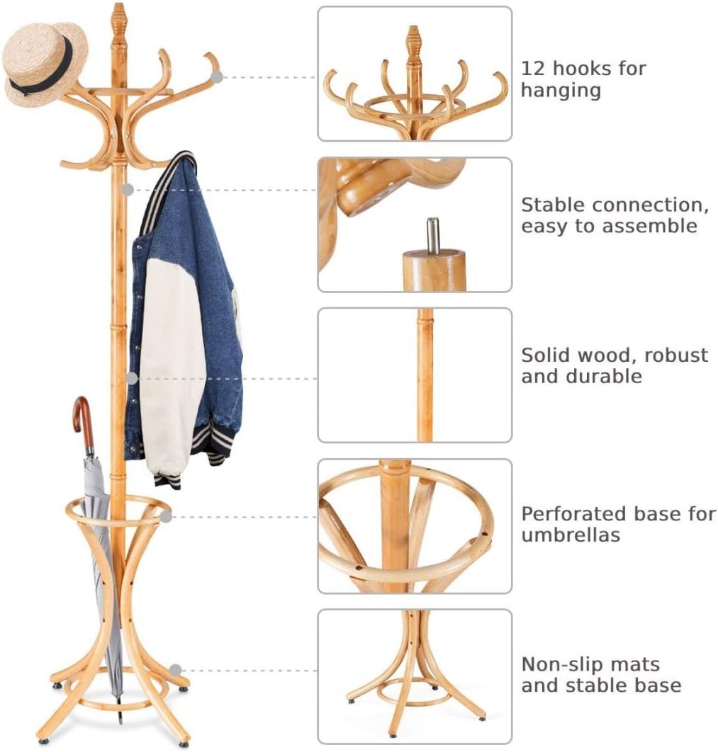 Multigot Coat Rack, Wooden Hat Clothes Hall Tree Hanger with Umbrella Holder and
