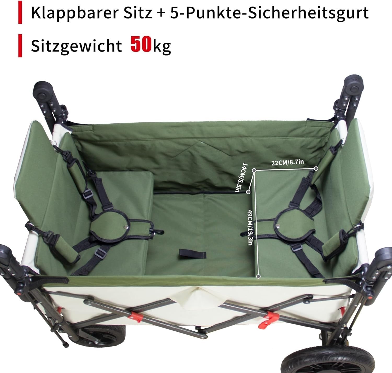 Green/Beige Folding Wagon w/ Roof Brakes 120kg Heavy Duty Cart PU Tyres & Seats