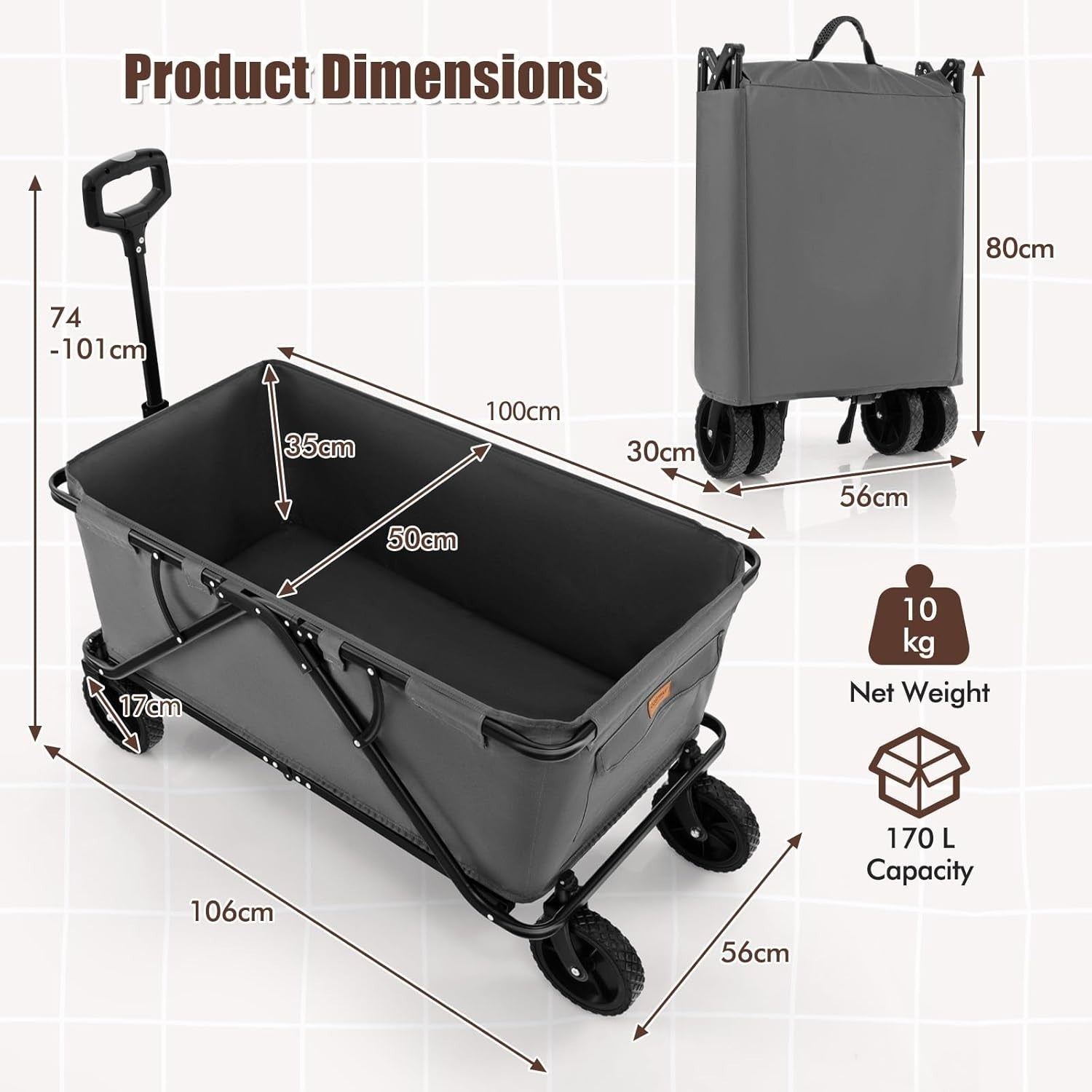 Grey Folding Camping Wagon 170L Heavy Duty Collapsible Garden Cart w/ Handle