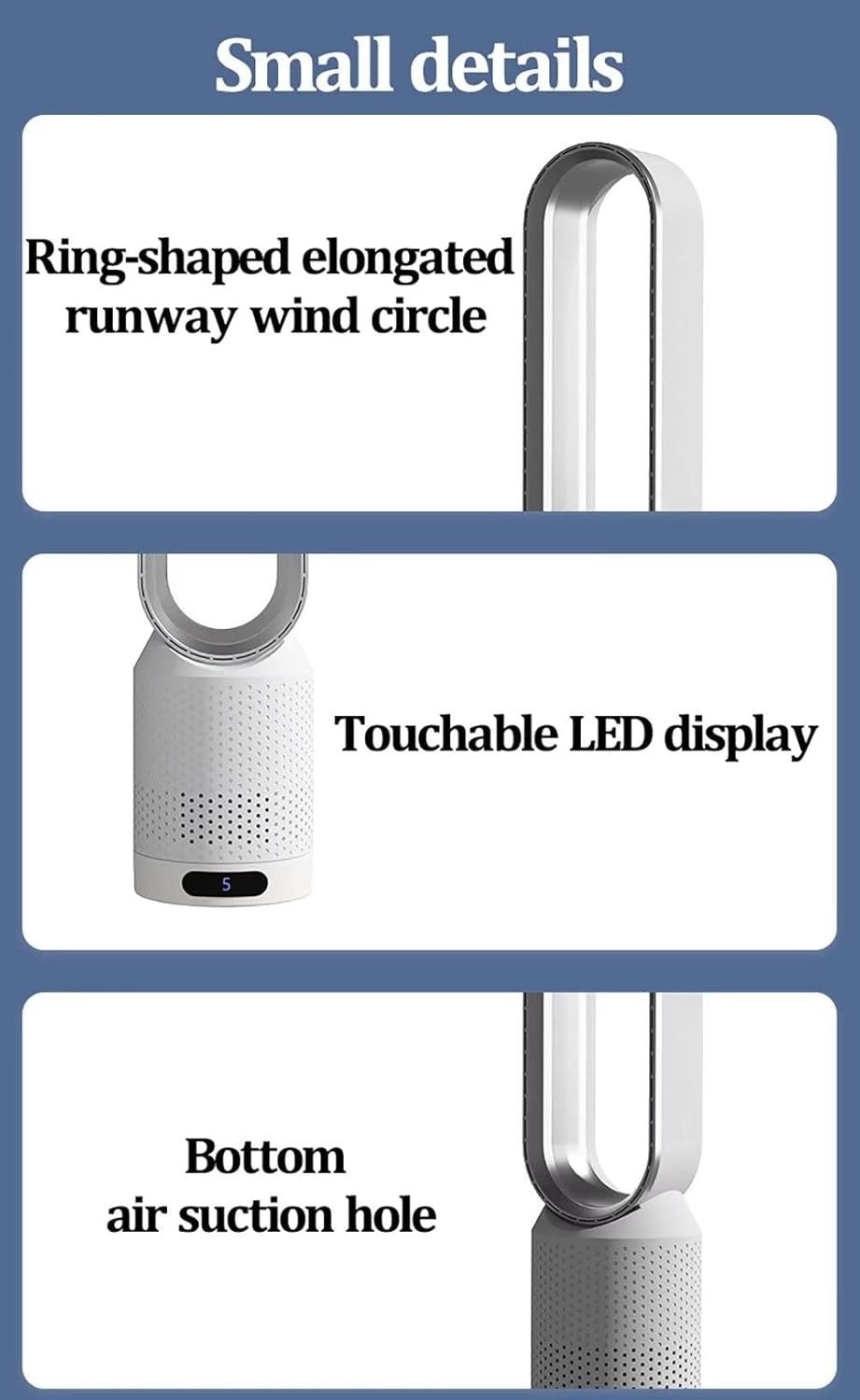 Bladeless Tower Fan 2-in-1 Air Purifier 8-Speed LED Touch Remote Control Gold