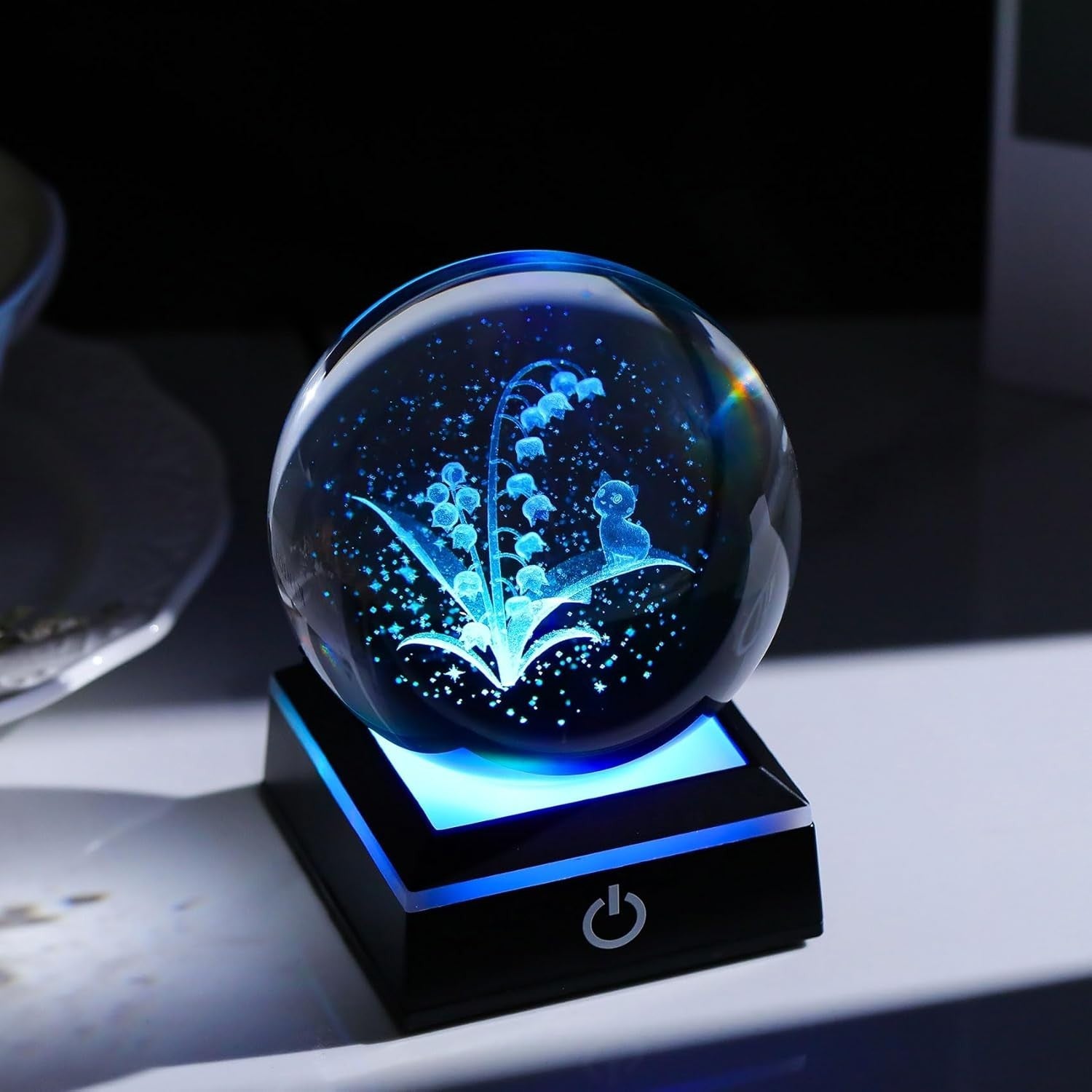 3D Crystal Lily of the Valley Cat Ball LED Light Ornament 8cm K9 Glass Gift