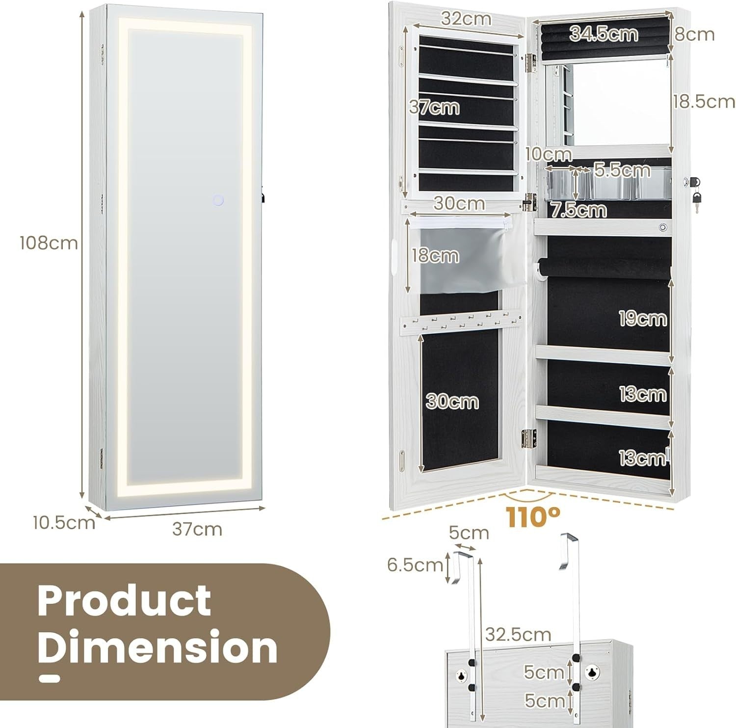LED Jewelry Cabinet Wall or Door Mount Lockable Mirror Storage White