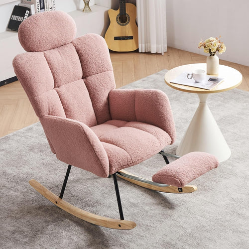 Pink Rocking Recliner Chair w/ Footrest & Headrest – Soft Teddy Armchair 125cm