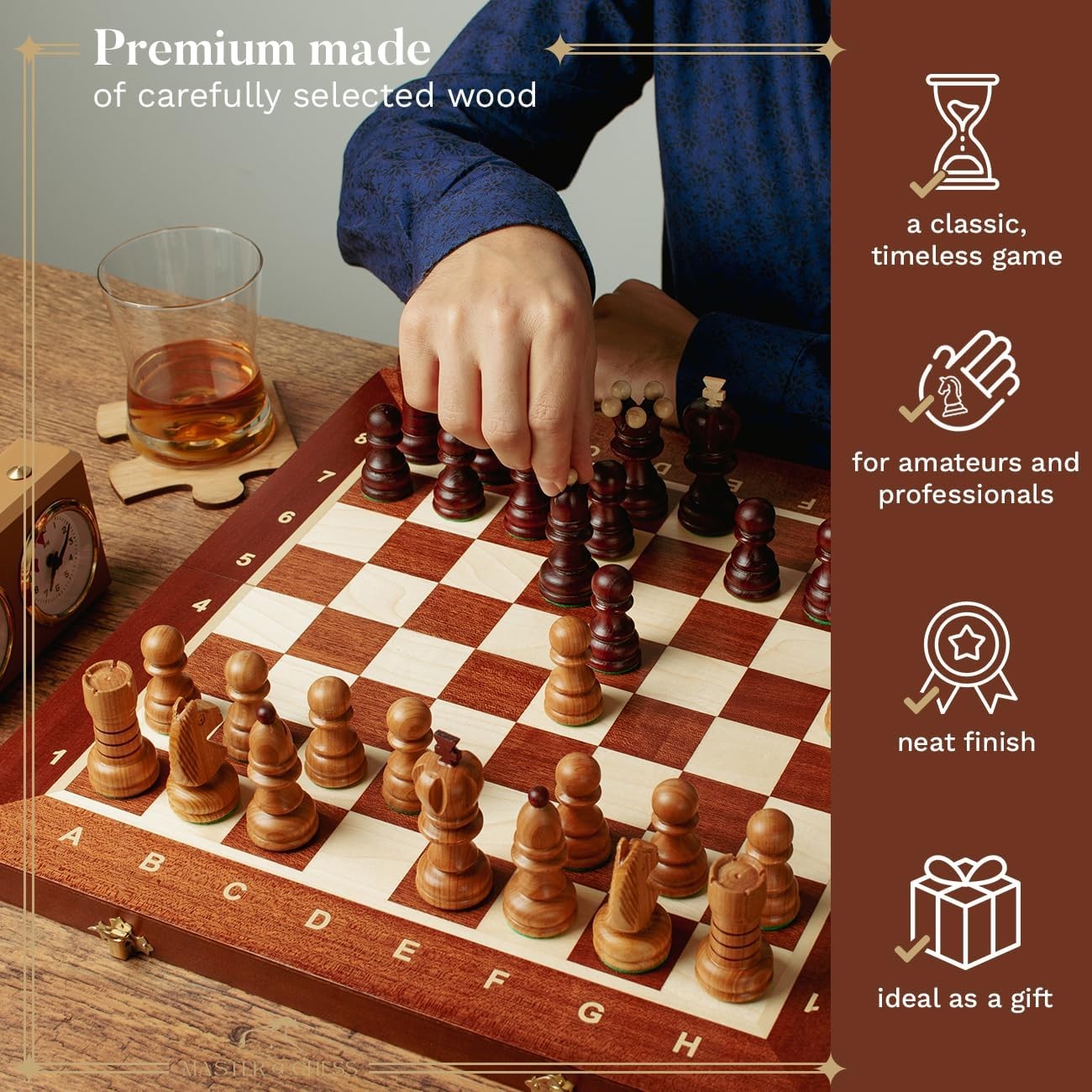 Luxury 42cm Wooden Chess Set XL | Handcrafted Board & Carved Pieces | Premium Gi