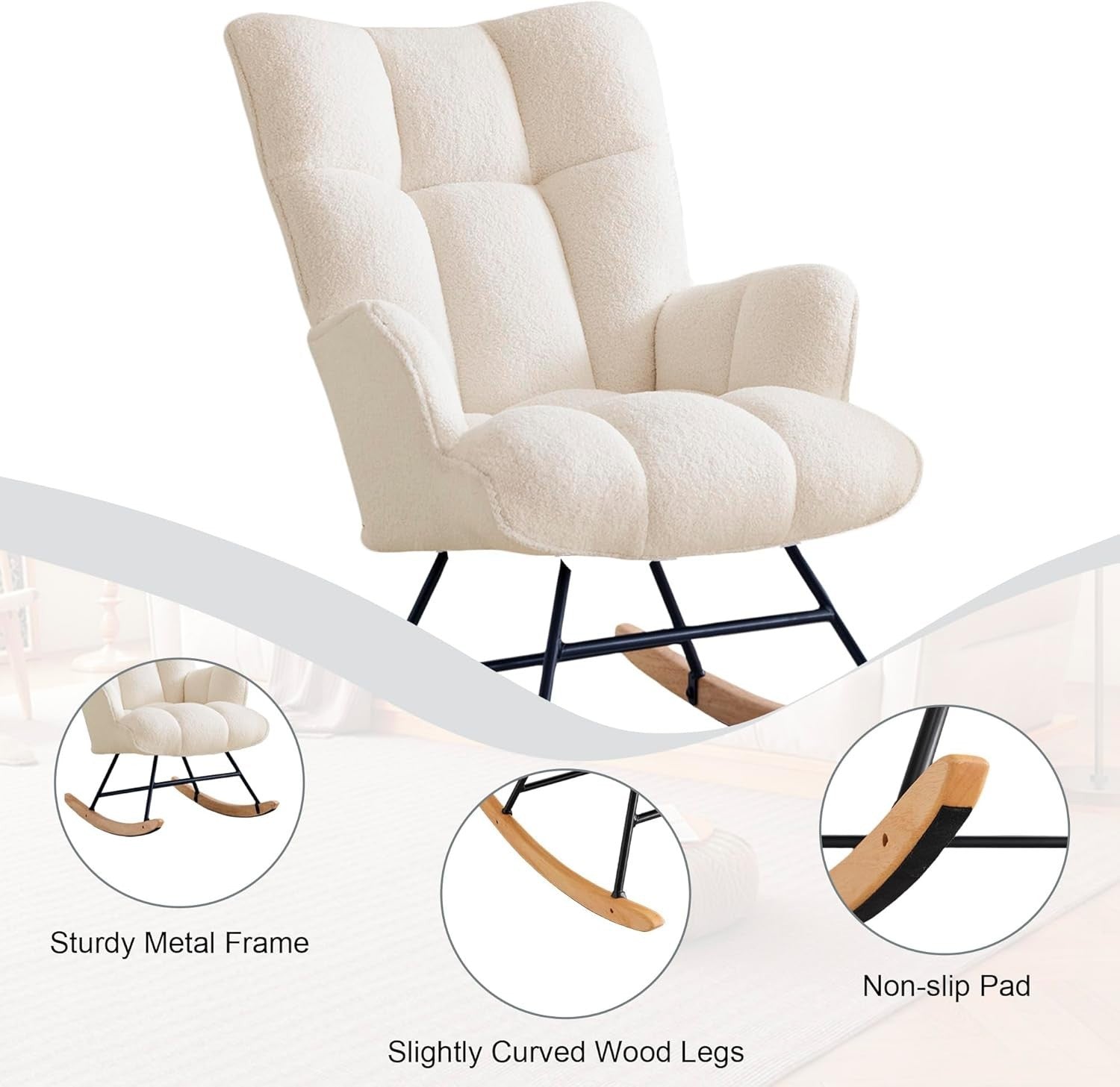Rocking Chair Nursery Glider Comfy Armchair High Back Padded Seat Ivory Teddy