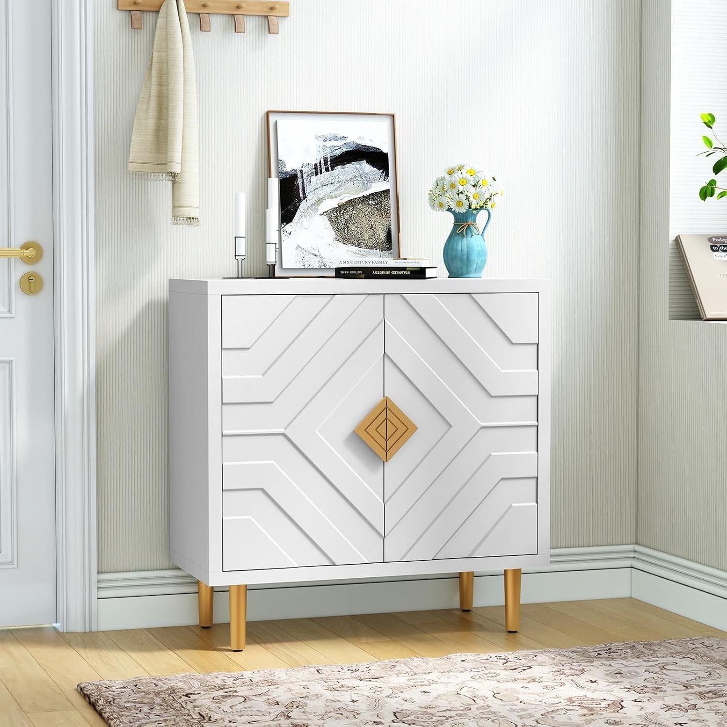 Modern White Sideboard Cabinet 3D Embossed Doors Storage Unit