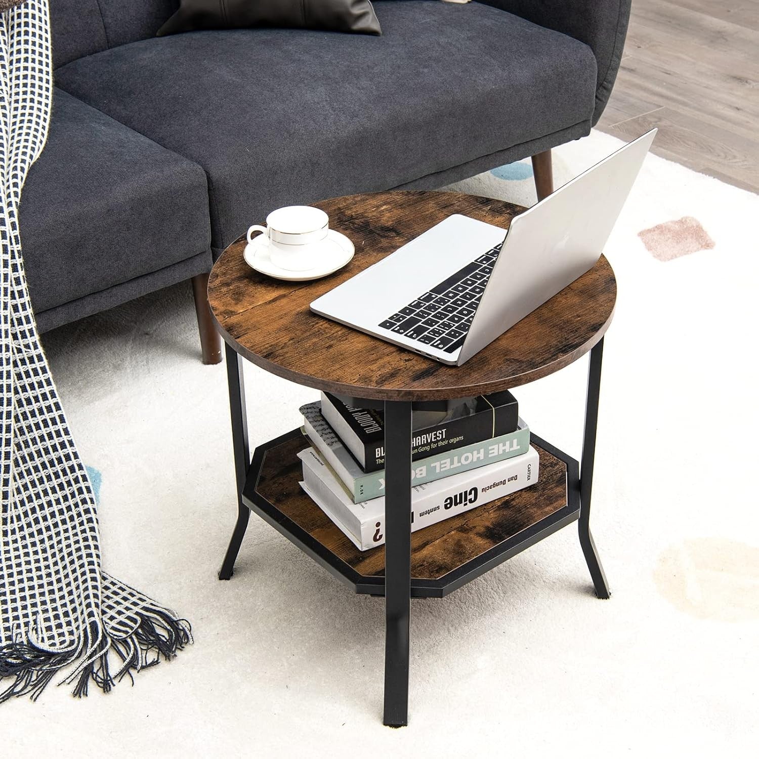 Round Industrial Side Table Rustic Brown | 2-Tier Sofa End Table with Storage 50