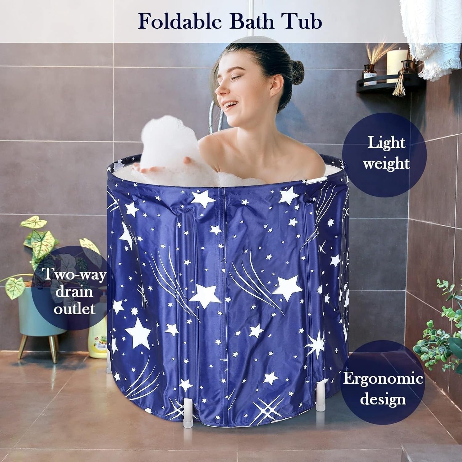 Portable Foldable Adult Bathtub 65x70cm Starry Blue PVC Hot & Ice Spa Tub