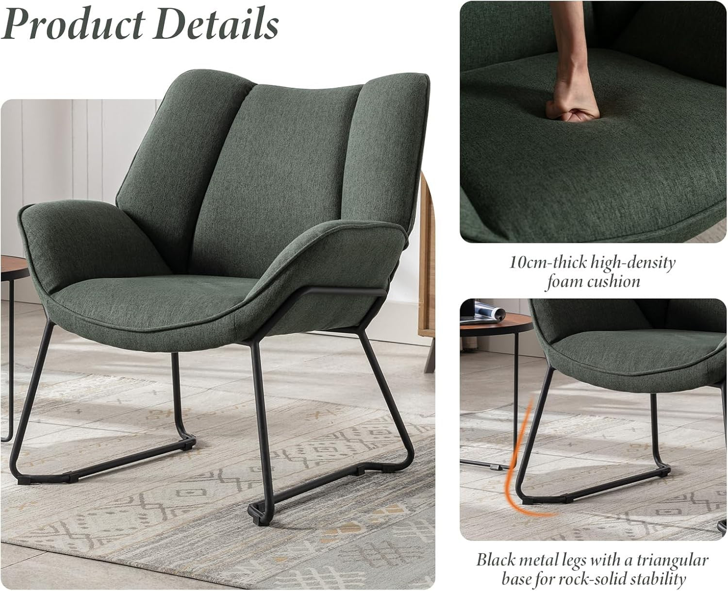 Modern Linen Upholstered Armchair Green Occasional Tub Chair with Metal Legs