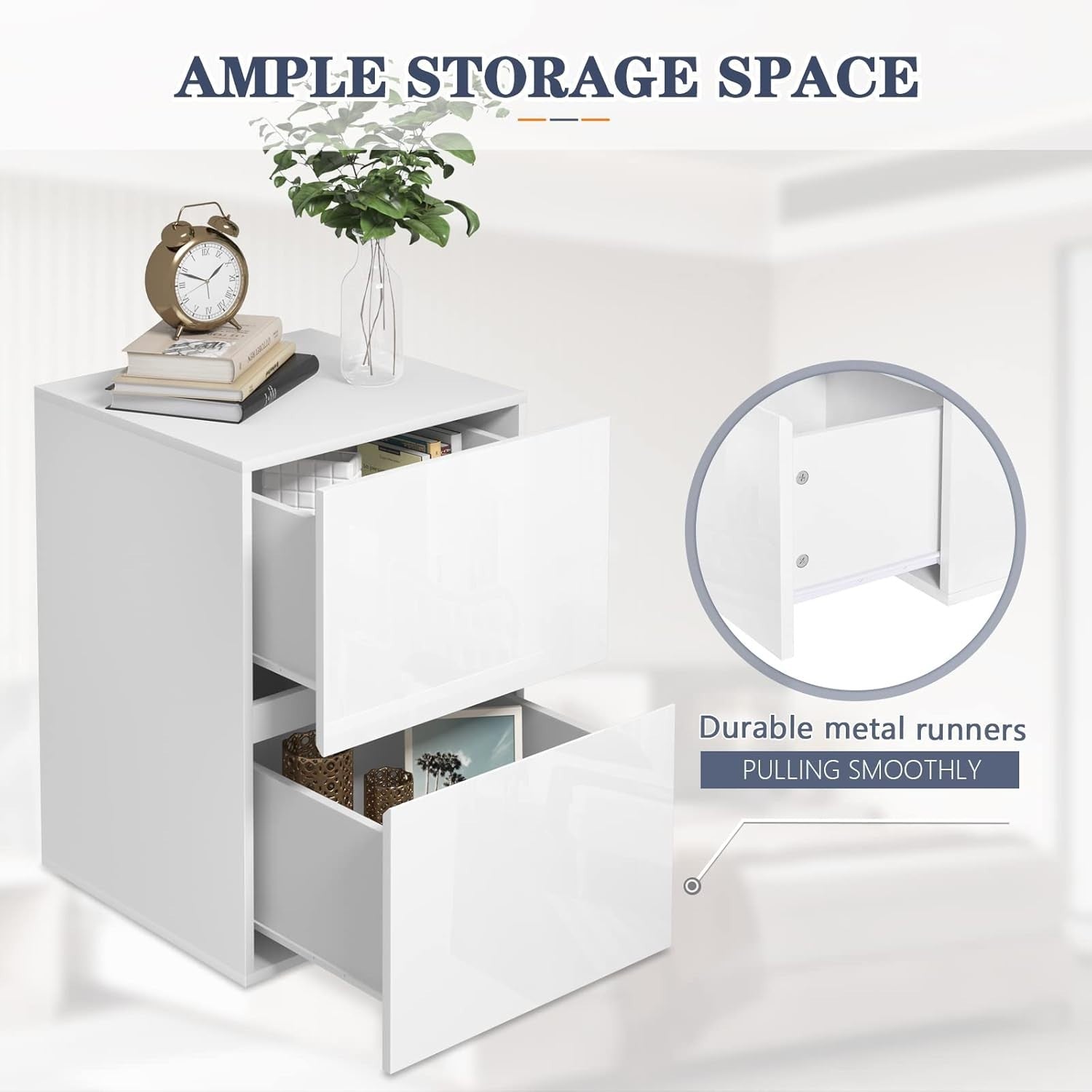 Set of 2 White High Gloss Bedside Tables with 2 Drawers Modern Nightstands