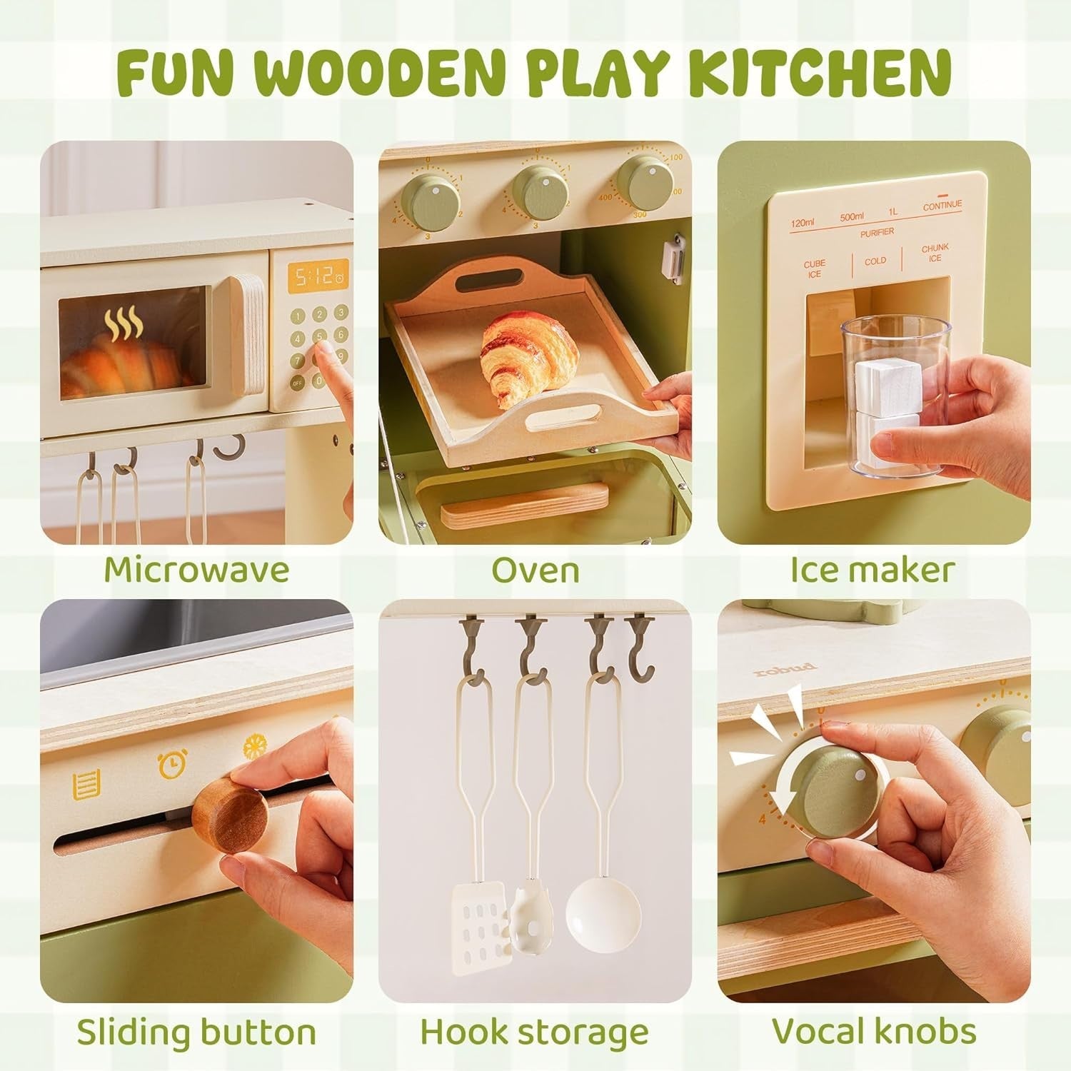 Wooden Kids Play Kitchen w/ Fridge Ice Dispenser Green Toy